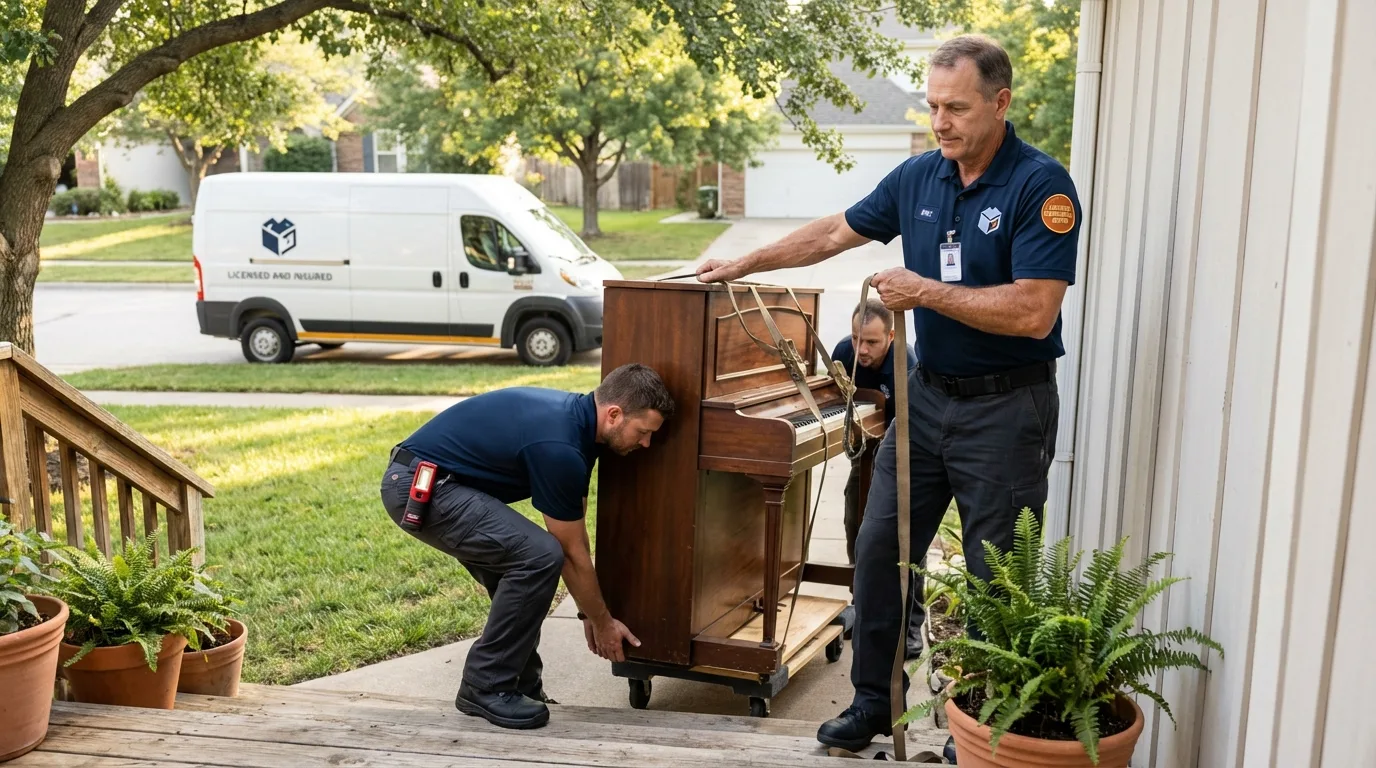 Licensed piano movers securing grand piano in Atherton, CA