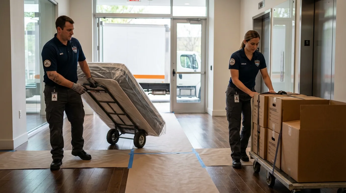 Professional apartment movers loading elevator in Atherton, CA