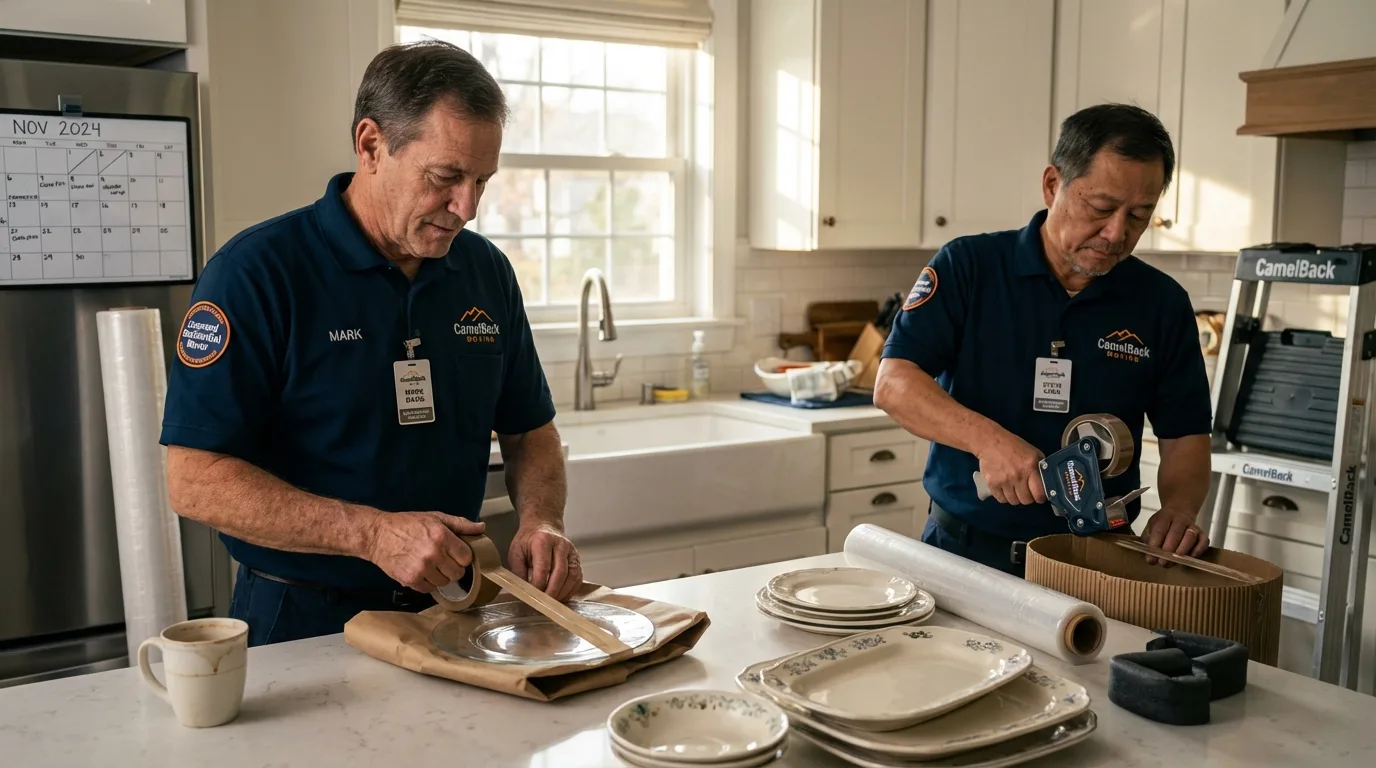 Professional crew packing kitchen dishware in Atherton, CA